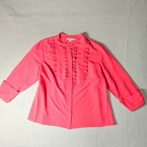 Boden Pleated Ruffle Bright Pink Button up Blouse Stand up Collar Size 14 - Picture 4 of 10